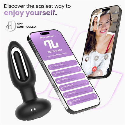Zack Anal Plug with Flipping Tongue and Vibration with App showcasing smartphone control display.