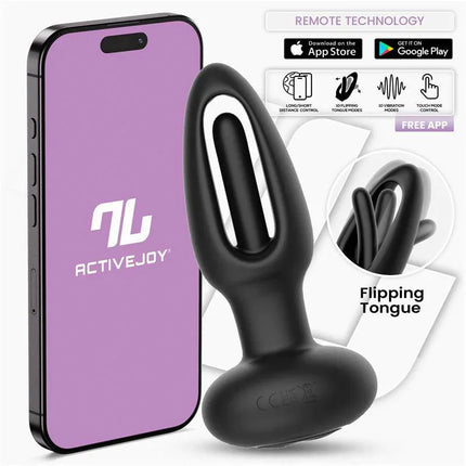 Zack Anal Plug with Flipping Tongue and Vibration with App shown with smartphone control via ActiveJoy app.