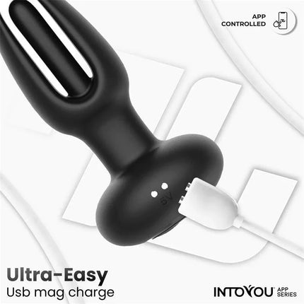 Zack Anal Plug with Flipping Tongue and Vibration with App showing USB magnetic charging feature