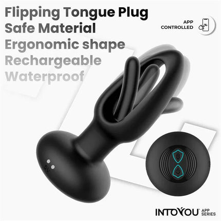 Zack Anal Plug with Flipping Tongue and Vibration with App in black, showcasing ergonomic design and waterproof features.