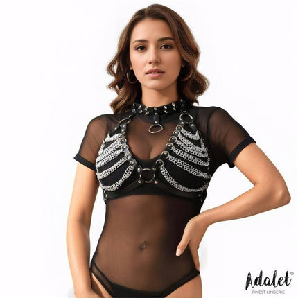 Woman wearing Zaira Vegan Leather Bra with Chain One size from Adalet, featuring PU vegan leather and chain detailing for a bold look.