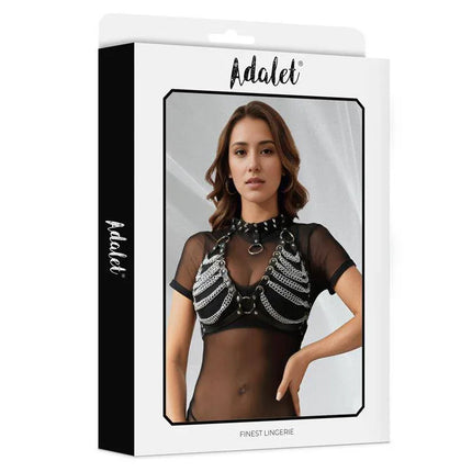 Zaira Vegan Leather Bra with Chain One size by Adalet on packaging, featuring a bold open-cup design and dramatic chain detailing.