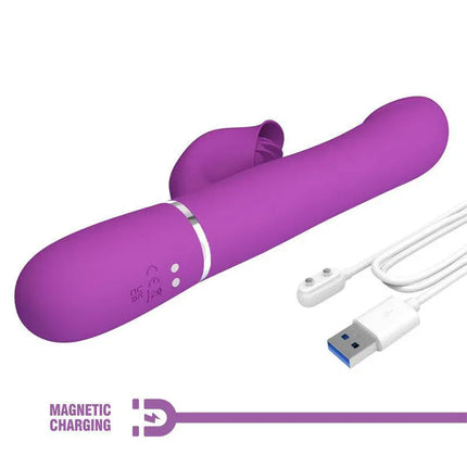 Purple Zalin Vibe with Rotative Balls and Tickling, featuring magnetic charging and USB cable for versatile pleasure.