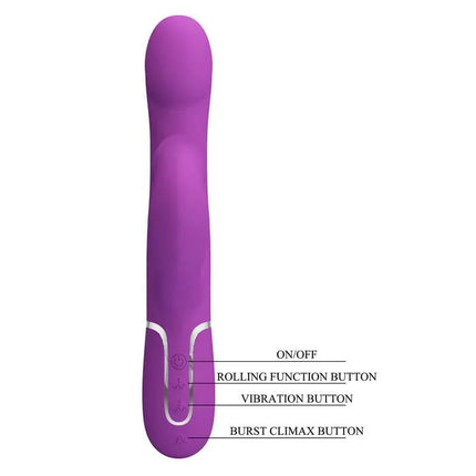 "Zalin Vibe with Rotative Balls and Tickling - Purple pleasure device with labeled buttons for rolling, vibration, and burst climax control."