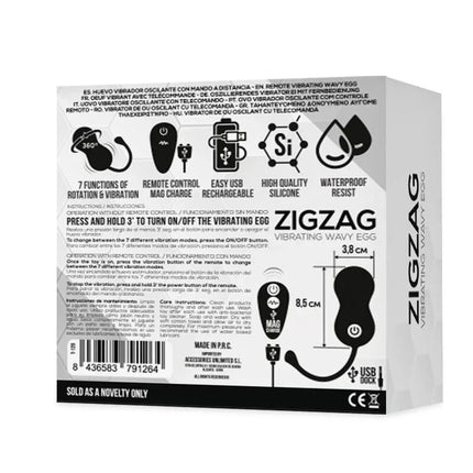 Zigzag Vibrating and Zigzagging Egg with Remote Control packaging, featuring silicone material and 7 vibration functions.