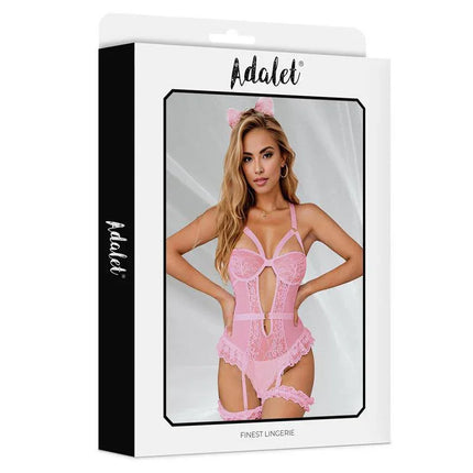 Zoa Teddy with Leg Ring lingerie in pink packaging from Adalet featuring romantic design and comfortable stretch fabric.