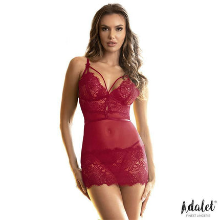 Zoe Open Back Babydoll and Thong Red by Adalet showcasing semi-transparent fabric and open back design for a sultry, confident look.