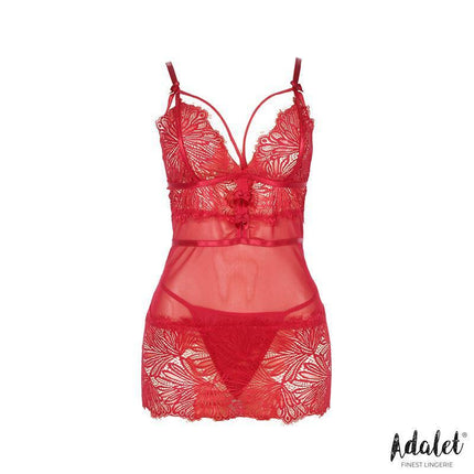 Zoe Open Back Babydoll and Thong Red by Adalet featuring semi-transparent fabric and alluring design