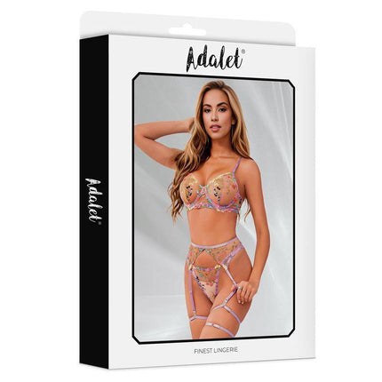 Zoey 4 Pcs Set Lilac lingerie by Adalet with floral motifs, featuring bra, thong, garter belt, and garters, semi-transparent design