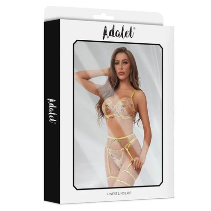 Zoey Bra, Thong, Garter Belt, and Yellow Floral Garters Set in Adalet packaging