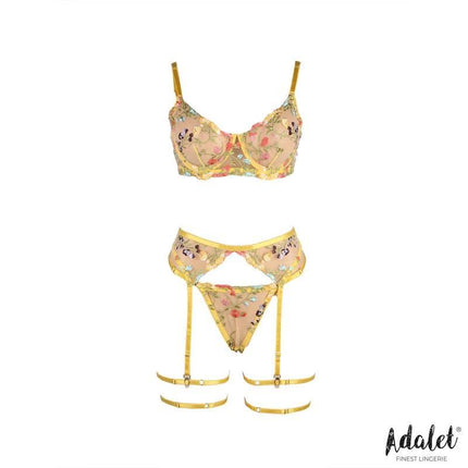 Zoey Bra, Thong, Garter Belt, and Yellow Floral Garters Set presented on a white background, showcasing the complete 4-piece lingerie collection.